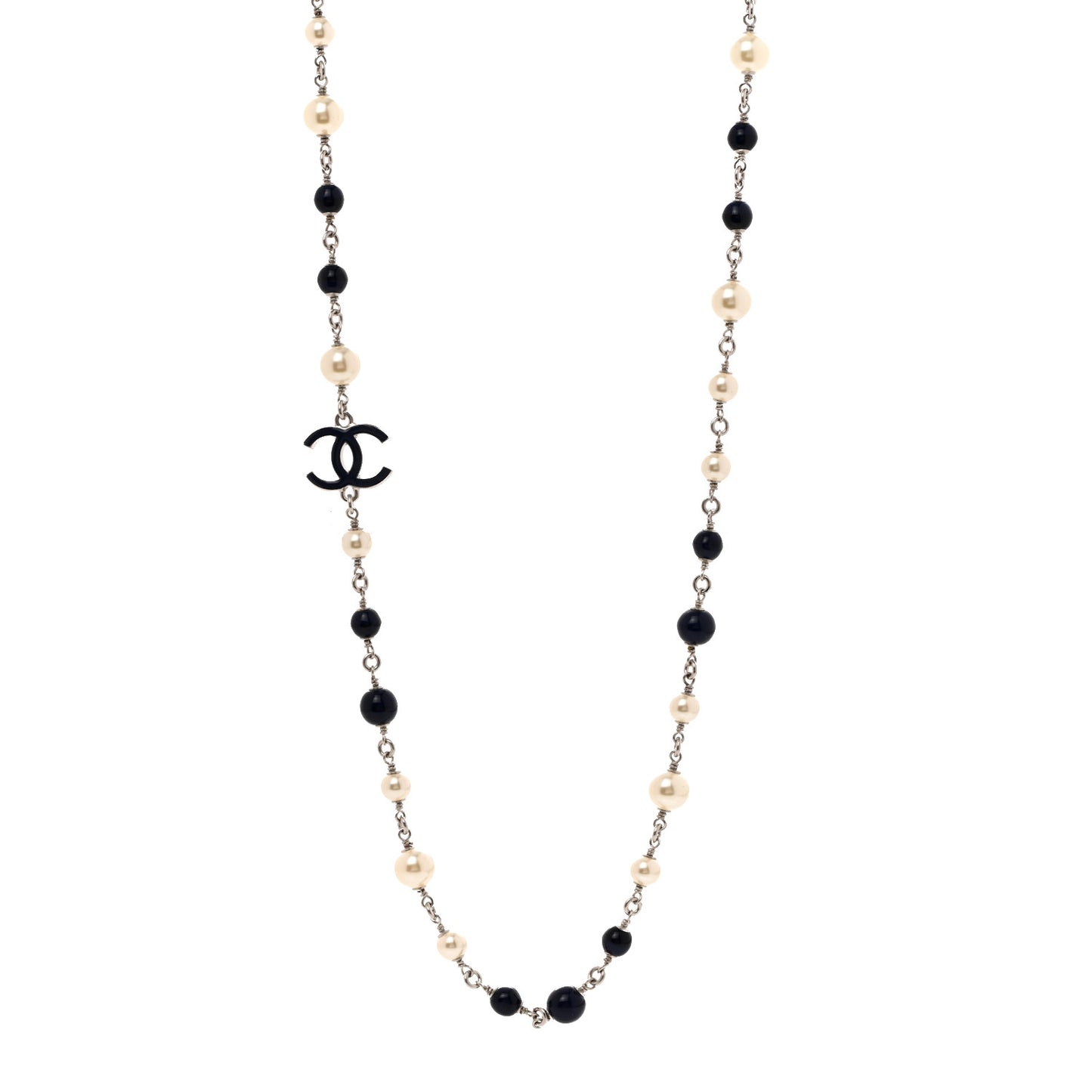 Pearl Beaded Enamel CC Long Necklace Blue Silver