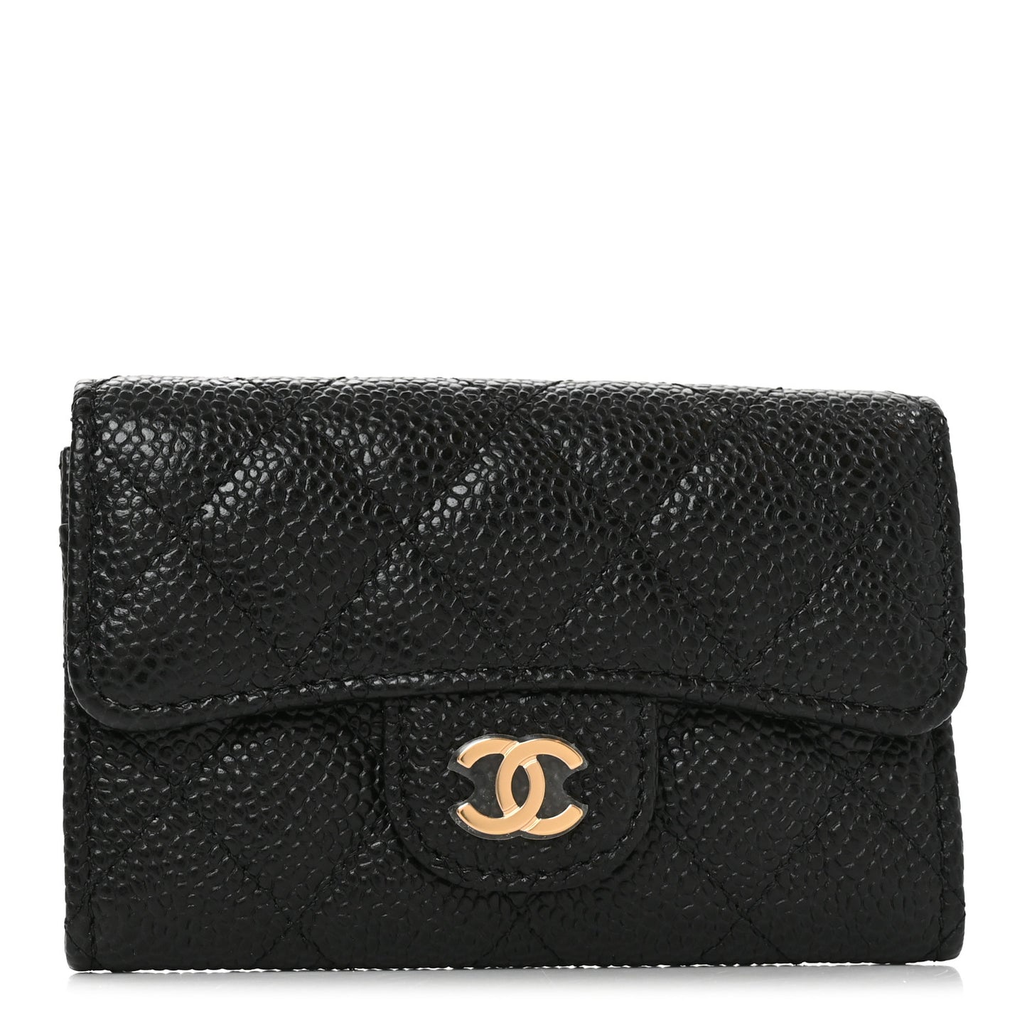 Caviar Quilted Flap Card Holder Wallet Black
