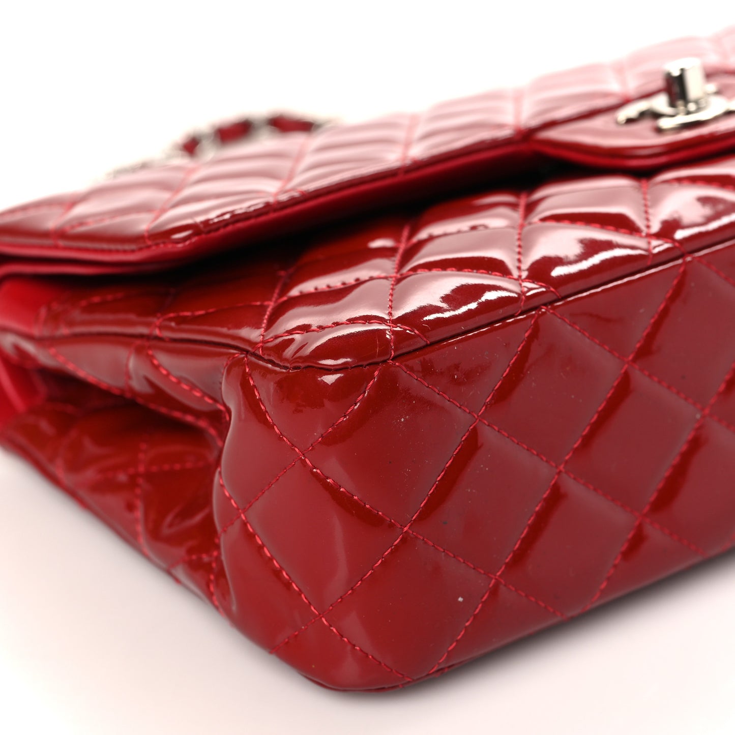 Patent Calfskin Quilted Medium Double Flap Dark Red