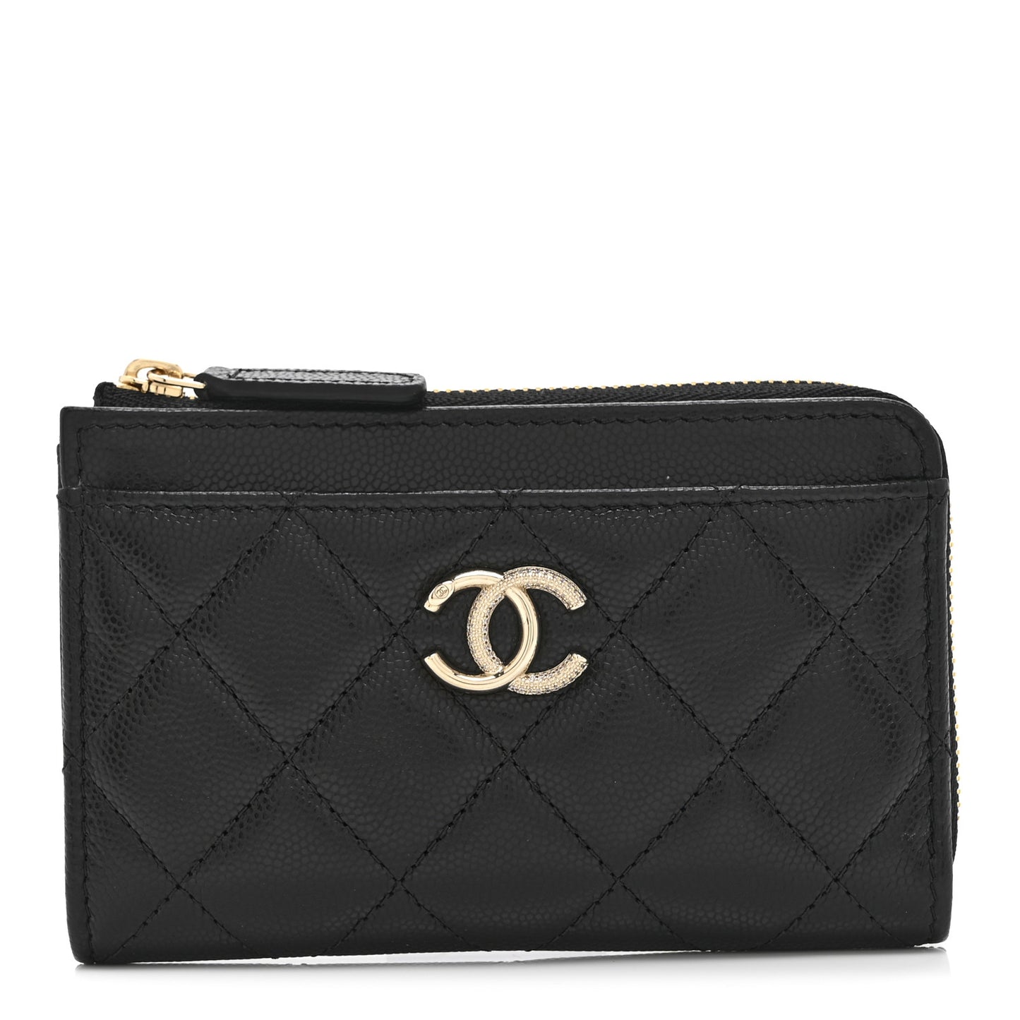 Caviar Quilted Crystal CC Zip Around Card Holder Black