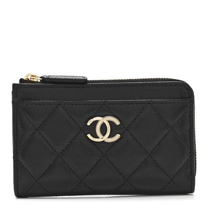Chanel Caviar Quilted Crystal CC Zip Around Card Holder Black 1 of 9