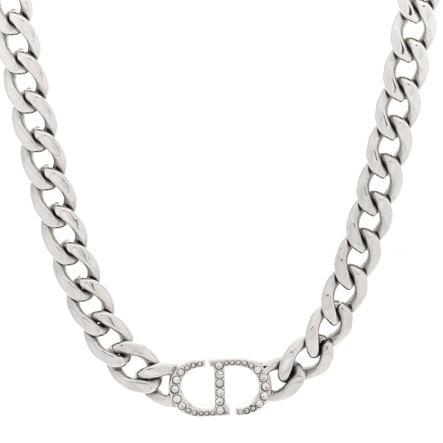Christian Dior Metal Crystal CD Chain Link Necklace Silver 1 of 4