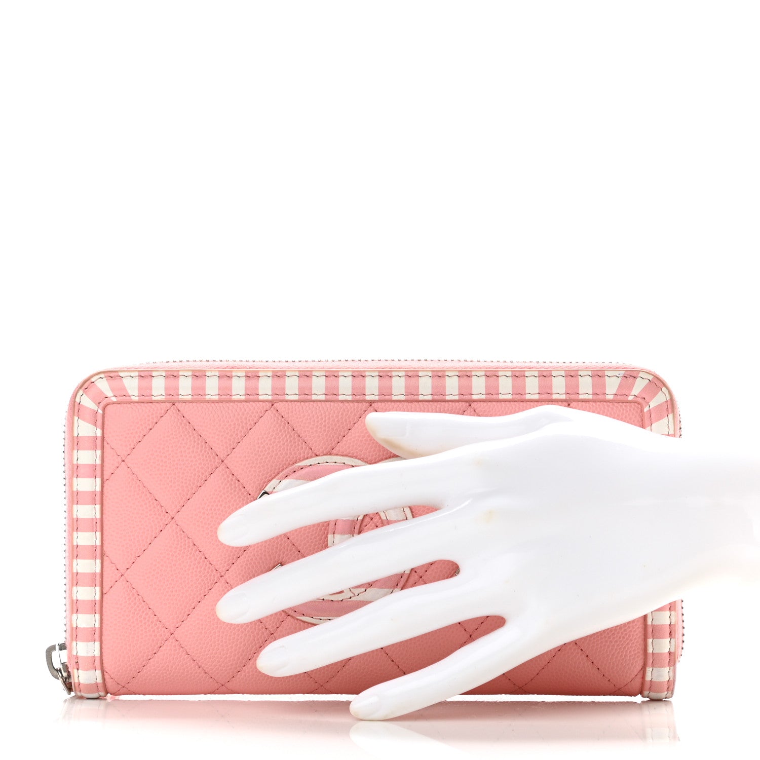 Chanel Caviar Quilted Stripe Filigree Zip Around Wallet Pink White 2 of 12