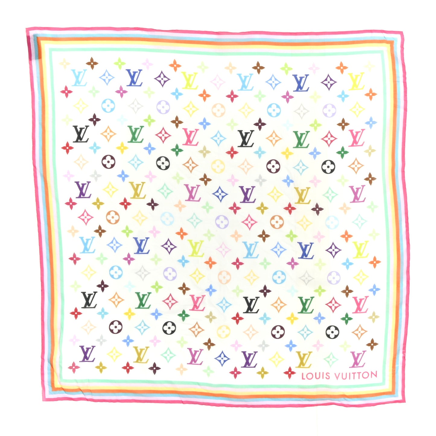 LV X TM Silk Cotton Monogram Multicolor Square Scarf 55 White