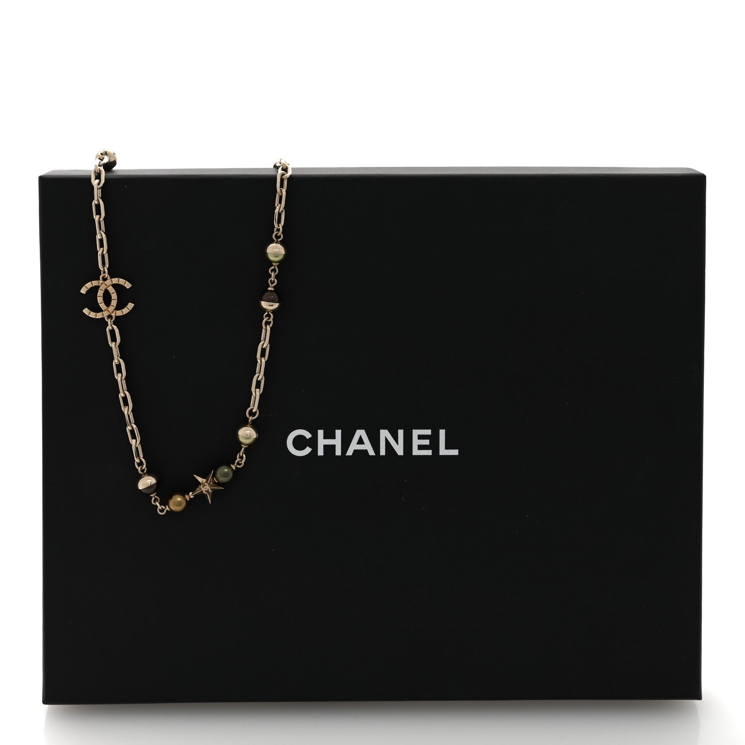 Chanel Beaded Star CC Long Necklace Green Gold 5 of 5