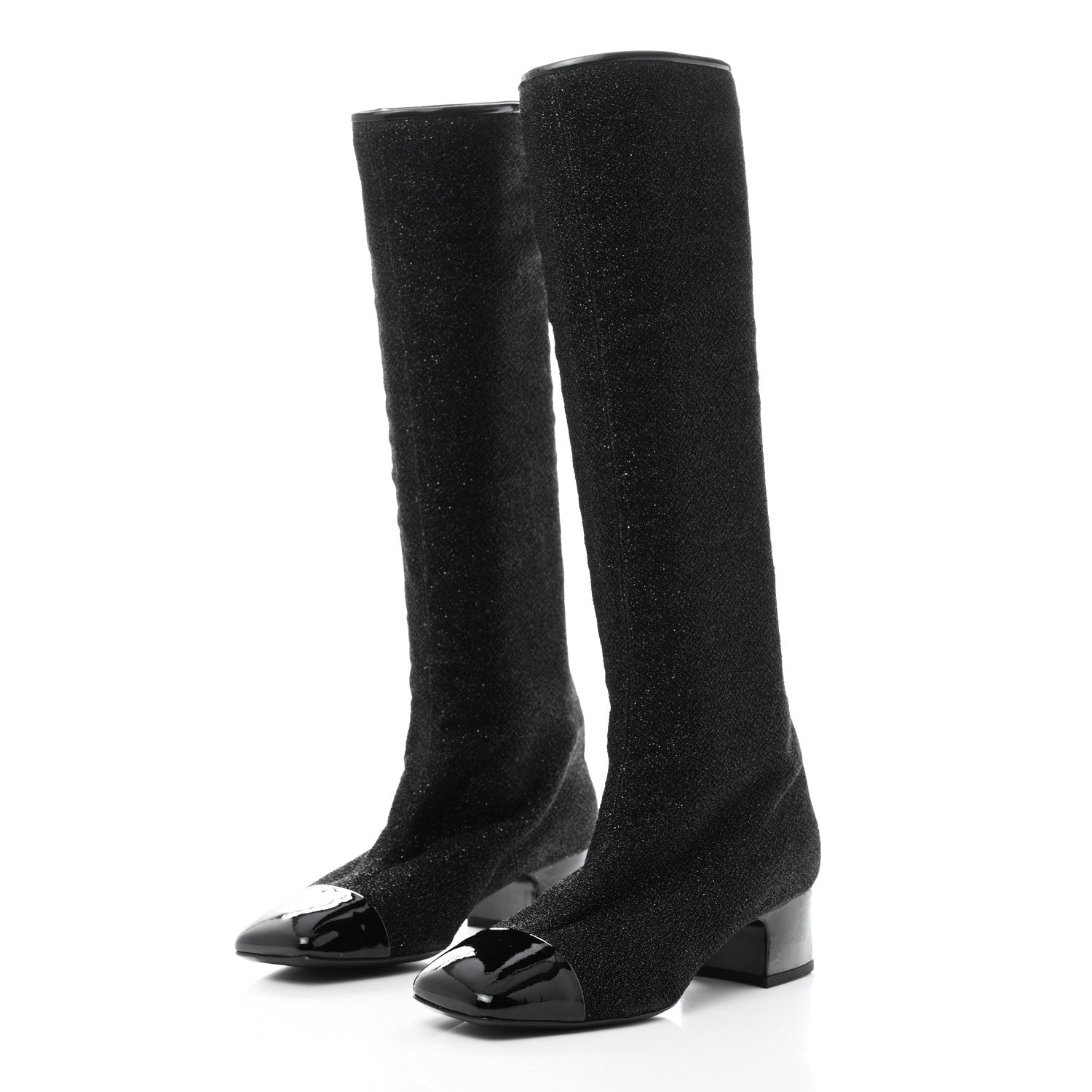 Chanel Glitter Patent Cap Toe High Boots 37 Black 3 of 8