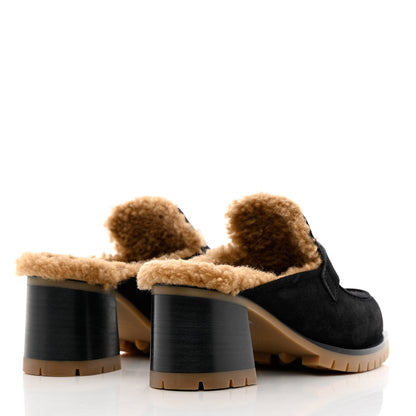 Hermes Suede Goatskin Woolskin Flore 60 Mules 37 Black Camel 4 of 8