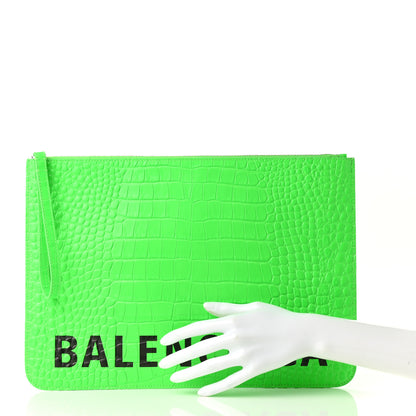 Balenciaga Shiny Calfskin Crocodile Embossed Large Cash Pouch With Handle Fluo Green Black 2 of 8