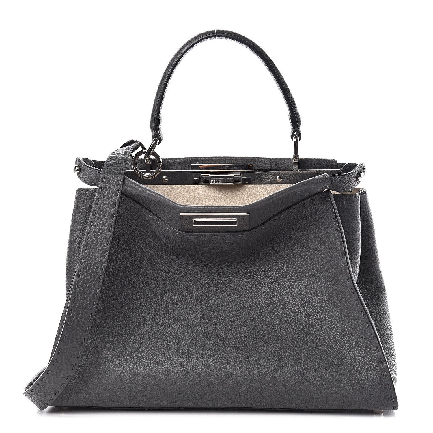 Fendi Cuoio Romano Selleria Bi-Color Medium Peekaboo Iconic Satchel Asfalto Latte 1 of 22