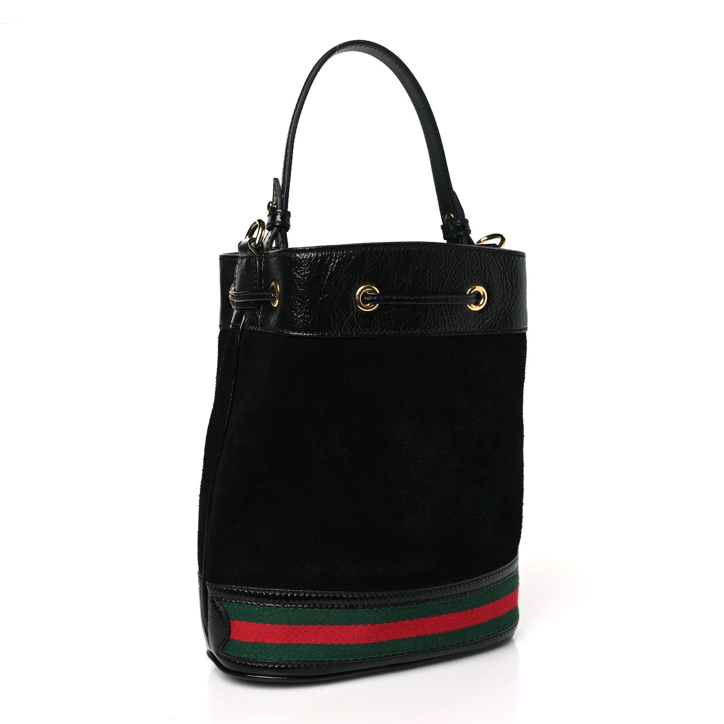 Suede Patent Web Small Ophidia Bucket Bag Black