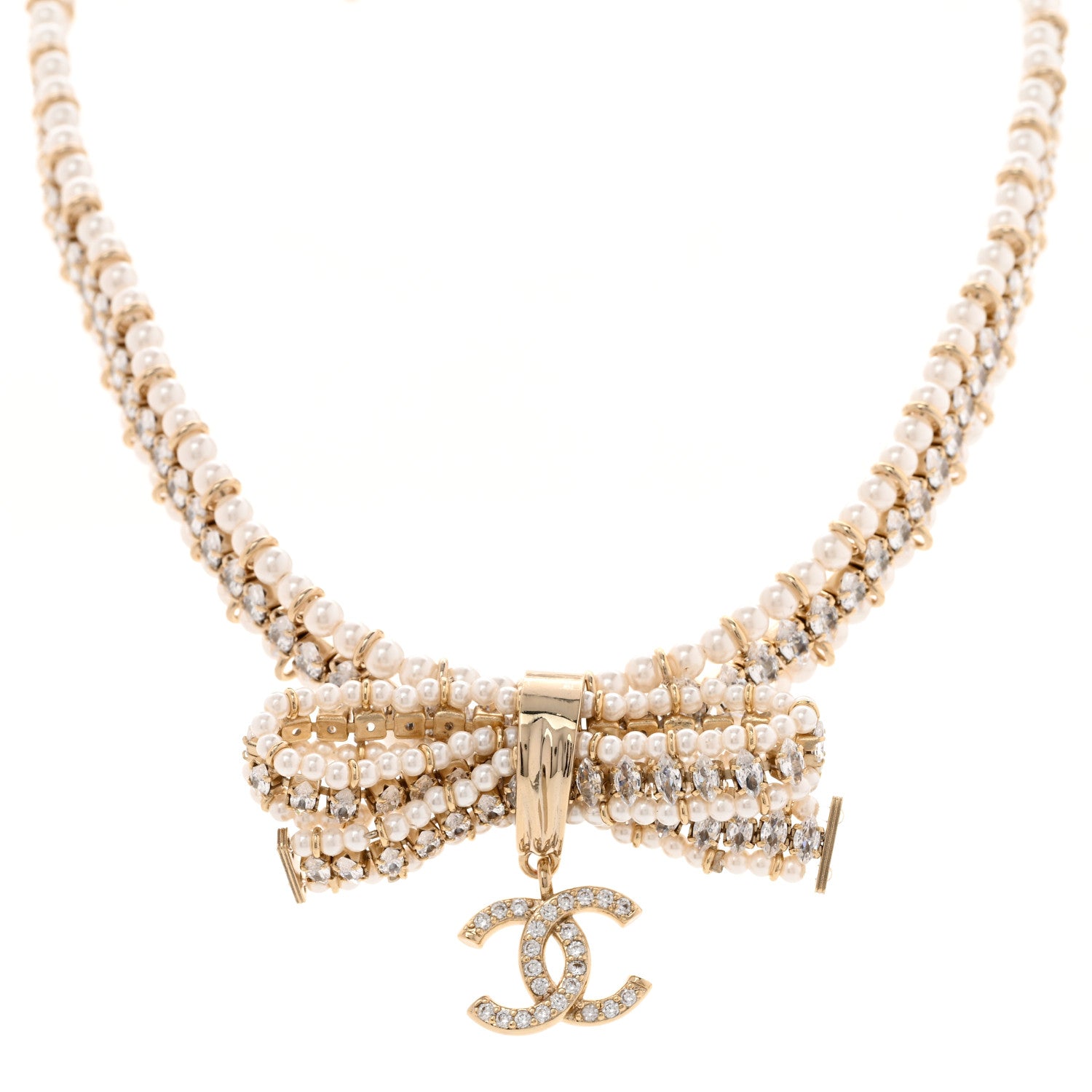 Chanel Pearl Crystal CC Bow Choker Necklace Gold 1 of 5