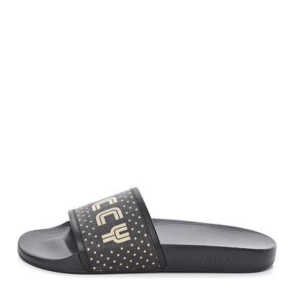 Gucci X SEGA Supreme Canvas GUCCY Stars Womens Slide Sandals 39 Black Gold 1 of 7