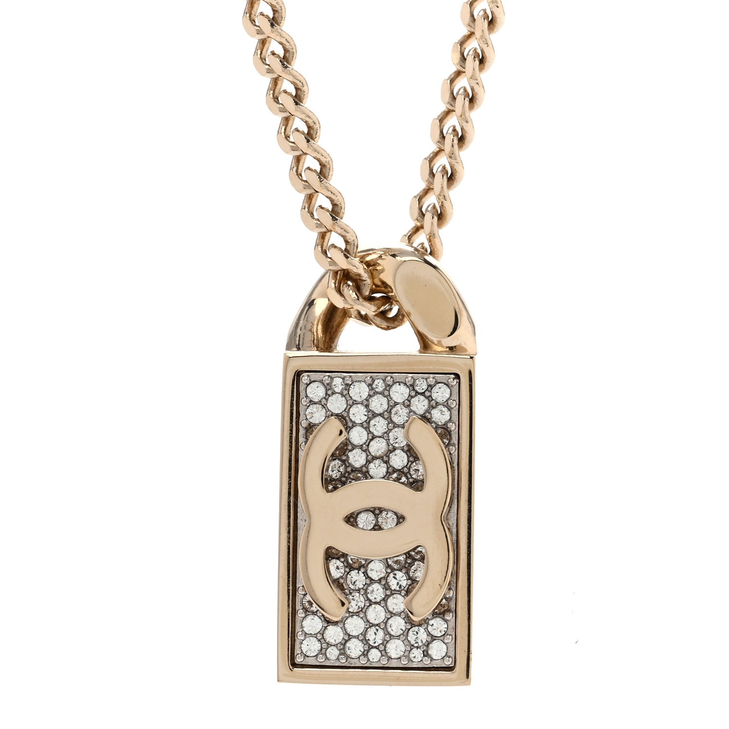 Chanel Crystal Dog Tag Charm Necklace Gold 4 of 6