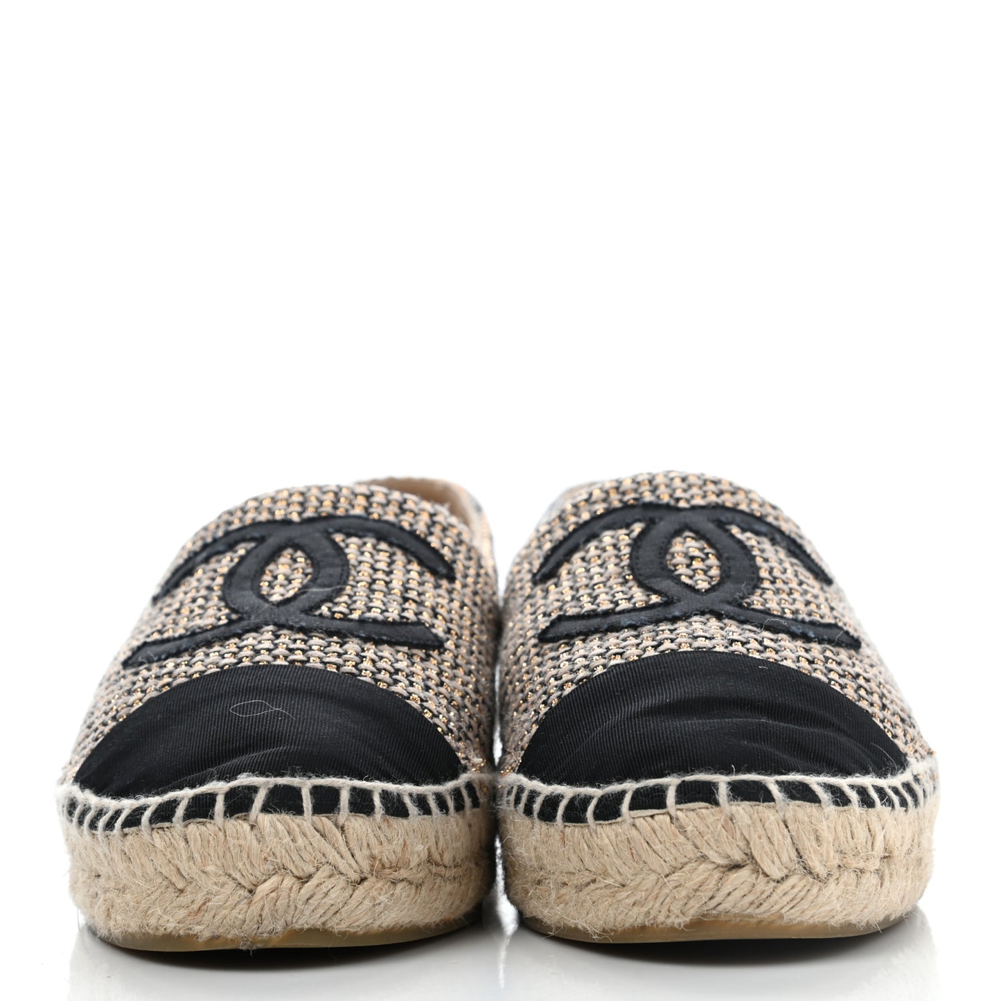 Tweed Grosgrain CC Espadrilles 36 Gold Beige Black