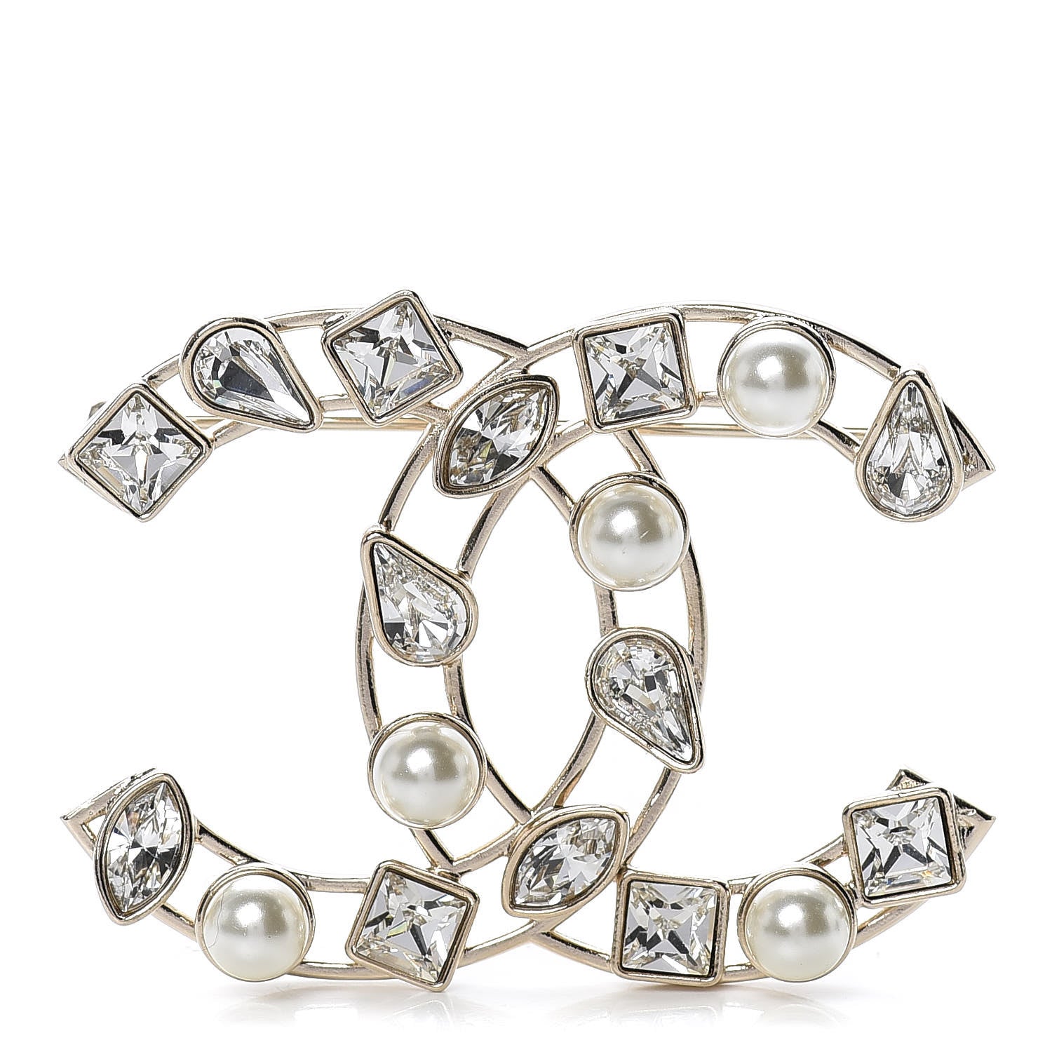 Chanel Metal Glass Pearl CC Crystal Snowfall Brooch Gold 1 of 5