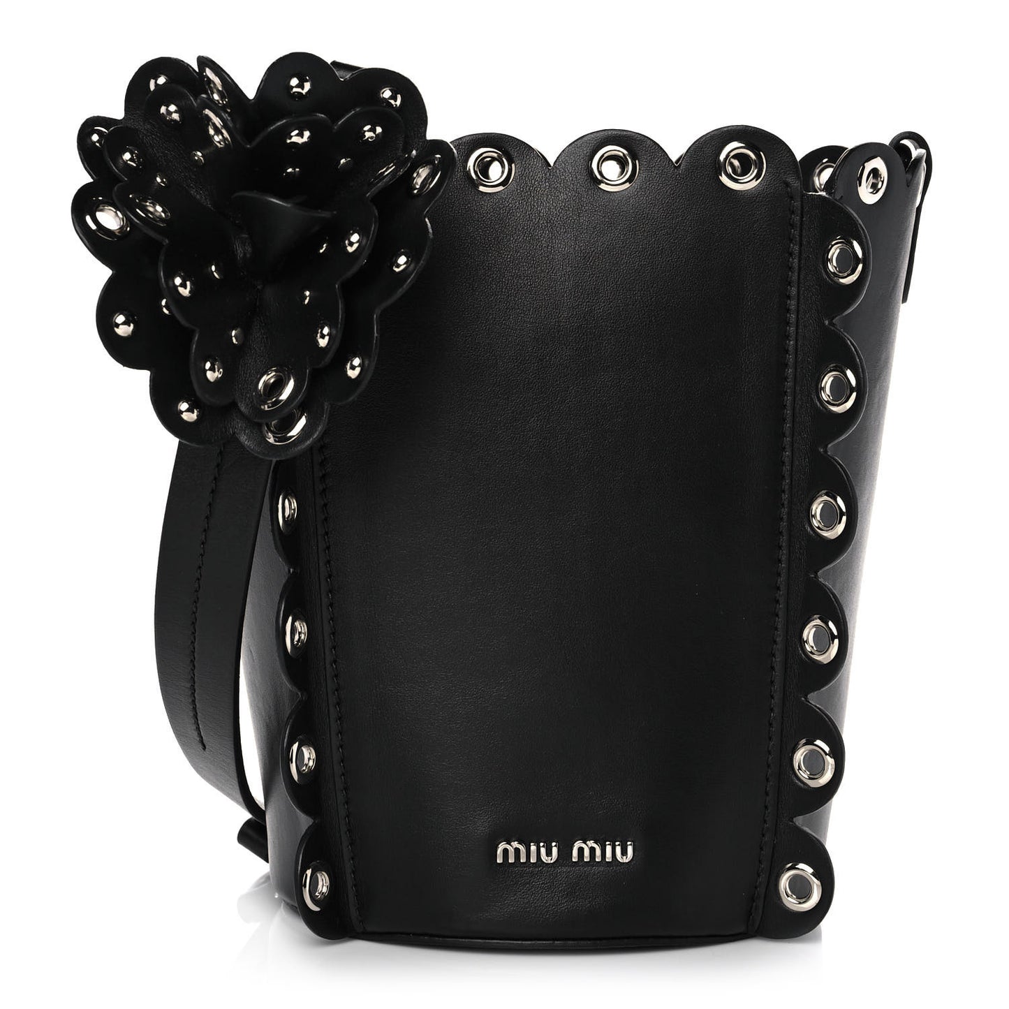 Calfskin Scalloped Grommet Bucket Bag Black