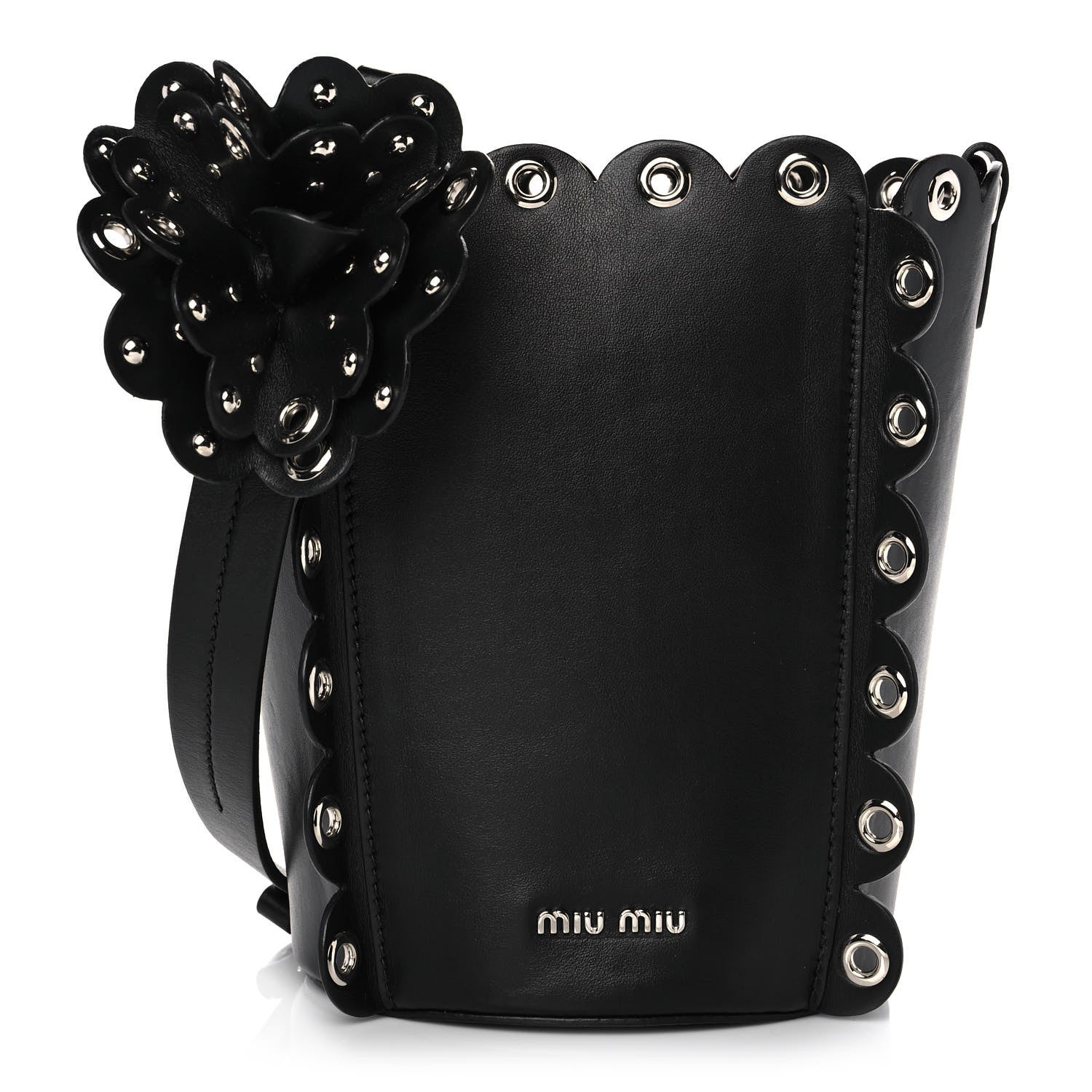 Miu Miu Calfskin Scalloped Grommet Bucket Bag Black 1 of 10