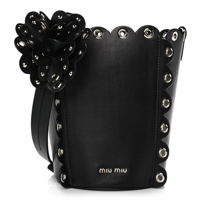 Miu Miu Calfskin Scalloped Grommet Bucket Bag Black 1 of 10