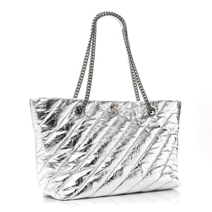 Balenciaga Metallic Crushed Calfskin Quilted Medium Crush Carry All Tote Bag Silver 3 of 9