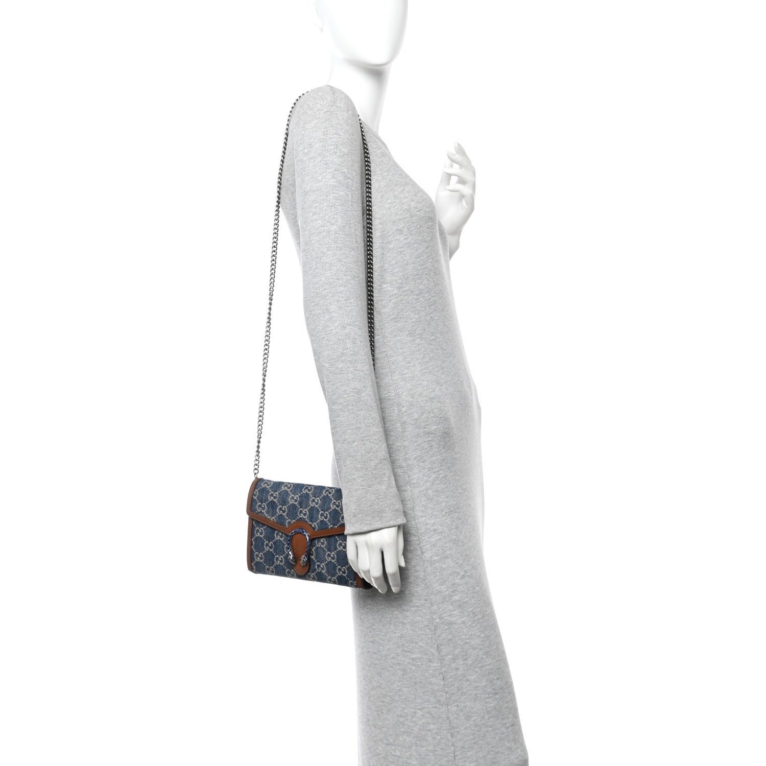 Gucci New Denim GG Monogram Dollar Calfskin Enamel Mini Dionysus Chain Wallet Blue Tea Cuir Epilog Electric Blue 2 of 14