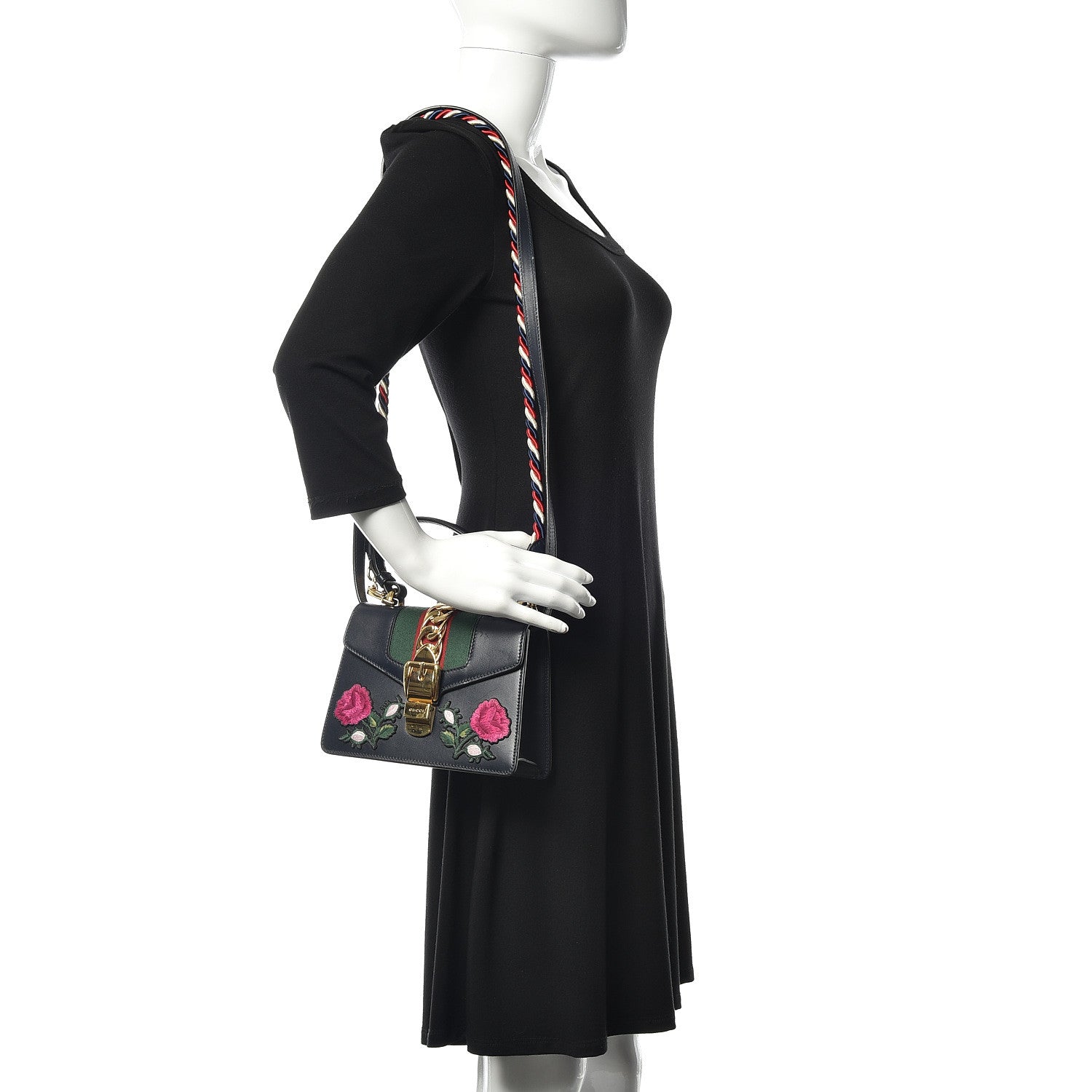 Gucci Calfskin Embroidered Mini Sylvie Top Handle Bag Blue 2 of 12