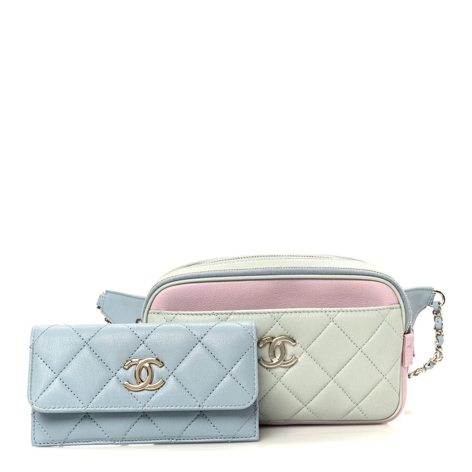 Chanel Goatskin Quilted Tri-Color In & Out Waist Bag Green Blue Pink 2 of 14