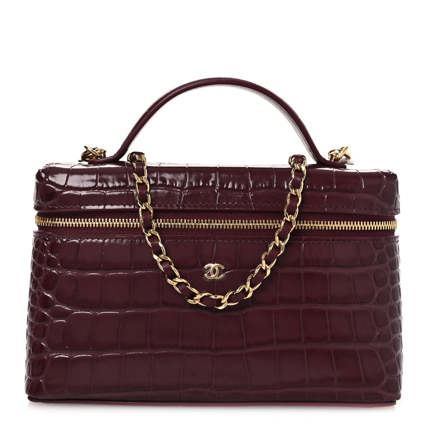 Calfskin Crocodile Embossed Crococo Small Slim Vanity Case With Chain Dark Burgundy