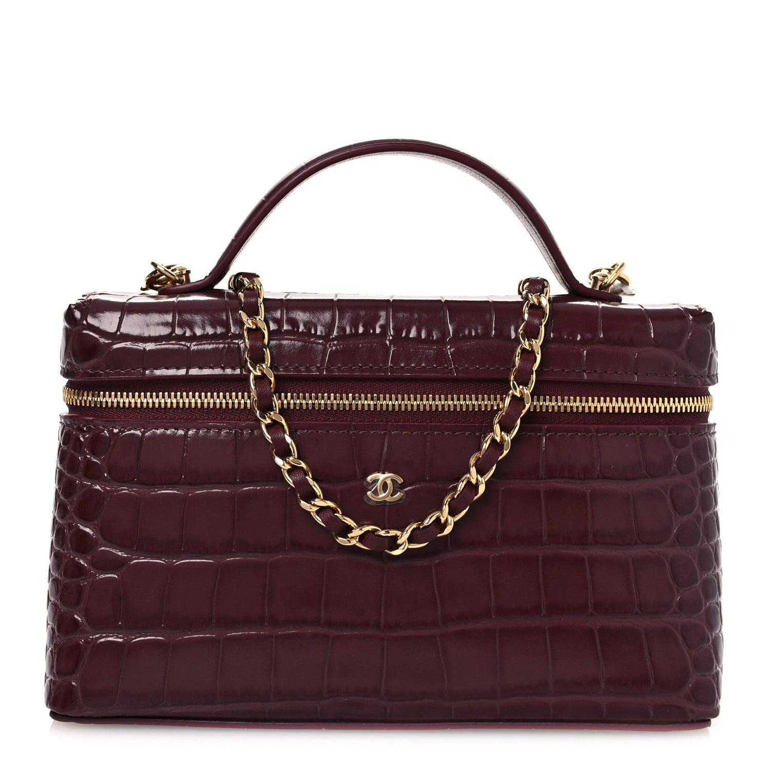 Chanel Calfskin Crocodile Embossed Crococo Small Slim Vanity Case With Chain Dark Burgundy 1 of 12
