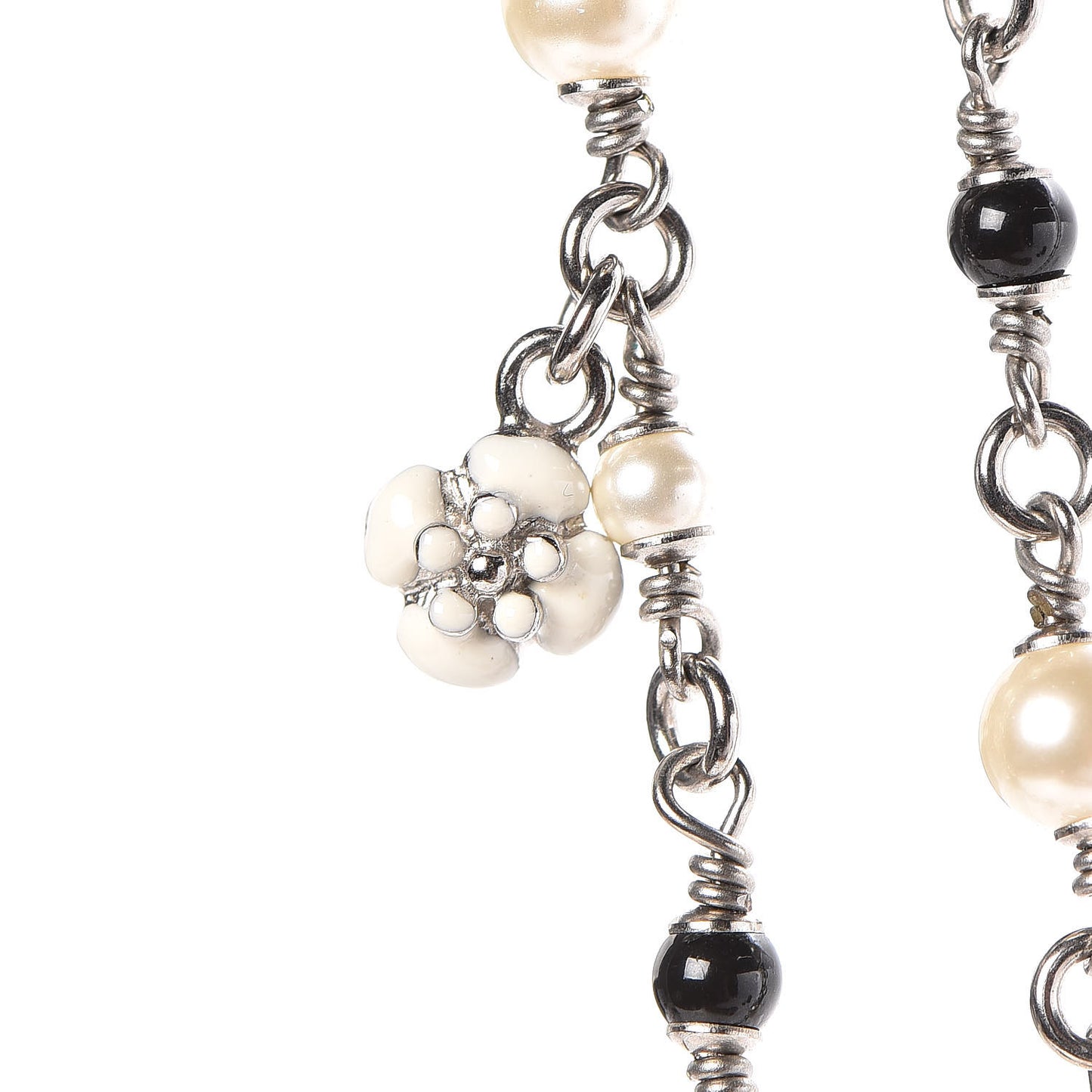 Pearl Beaded Enamel CC Coco Long Necklace Black Silver