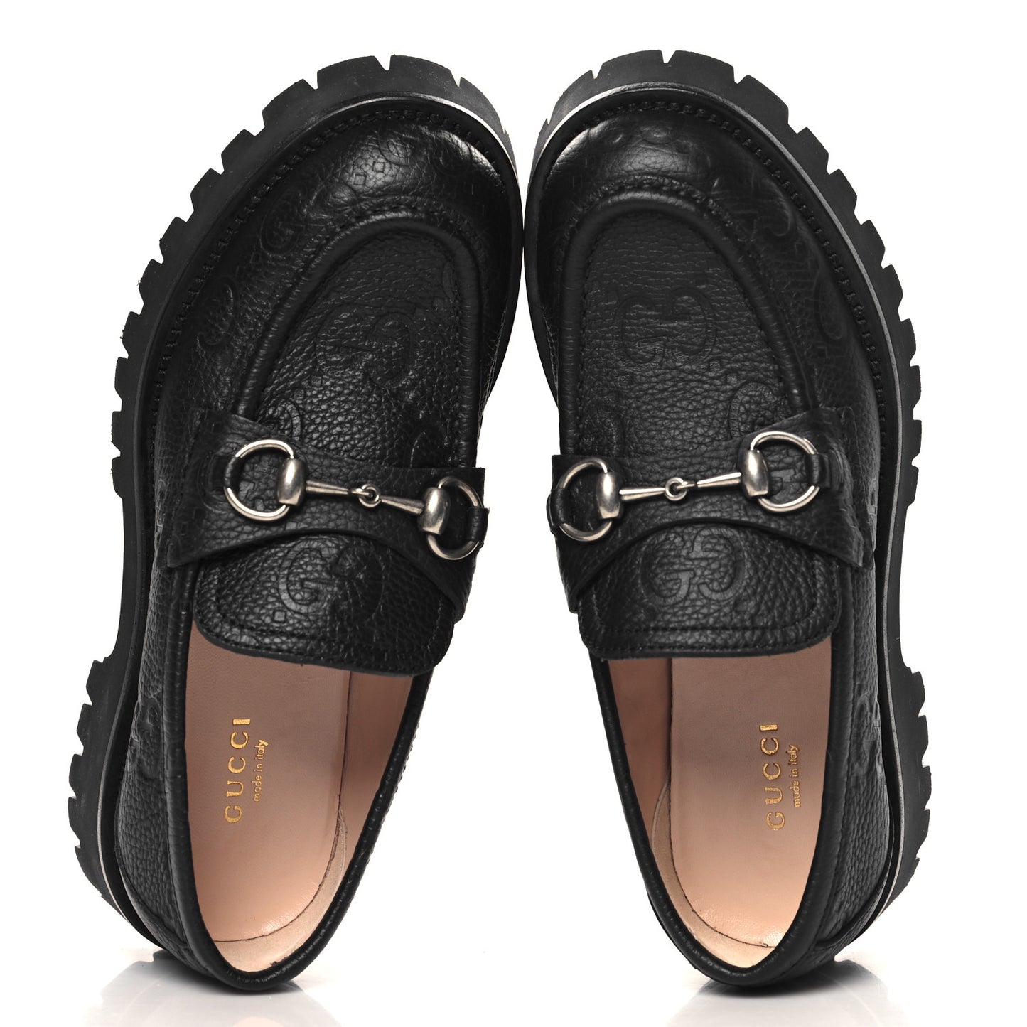 Piuma Calfskin Embossed Womens Platform Lug Sole Loafers 37.5 Black