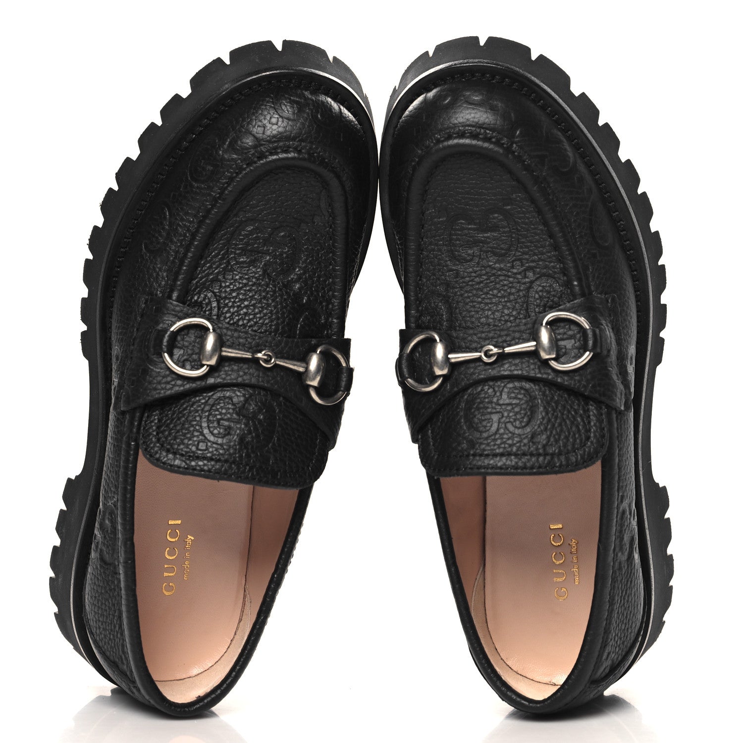 Gucci Piuma Calfskin Embossed Womens Platform Lug Sole Loafers 37.5 Black 2 of 10