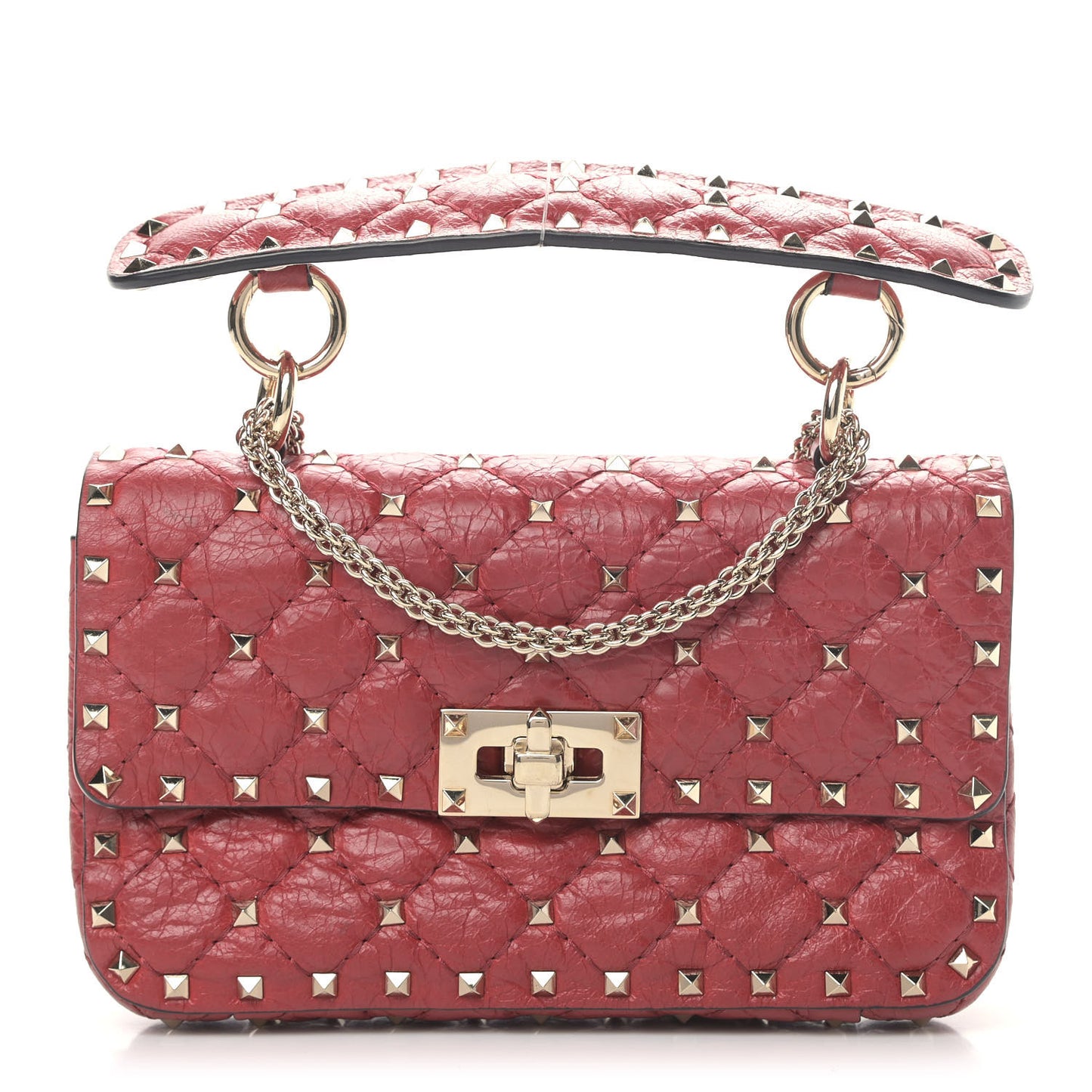 Craquele Nappa Small Rockstud Spike Shoulder Bag Red