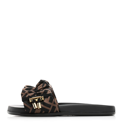 Fendi Satin FF Fendi Feel Slide Sandals 37 Tobacco Black 1 of 9