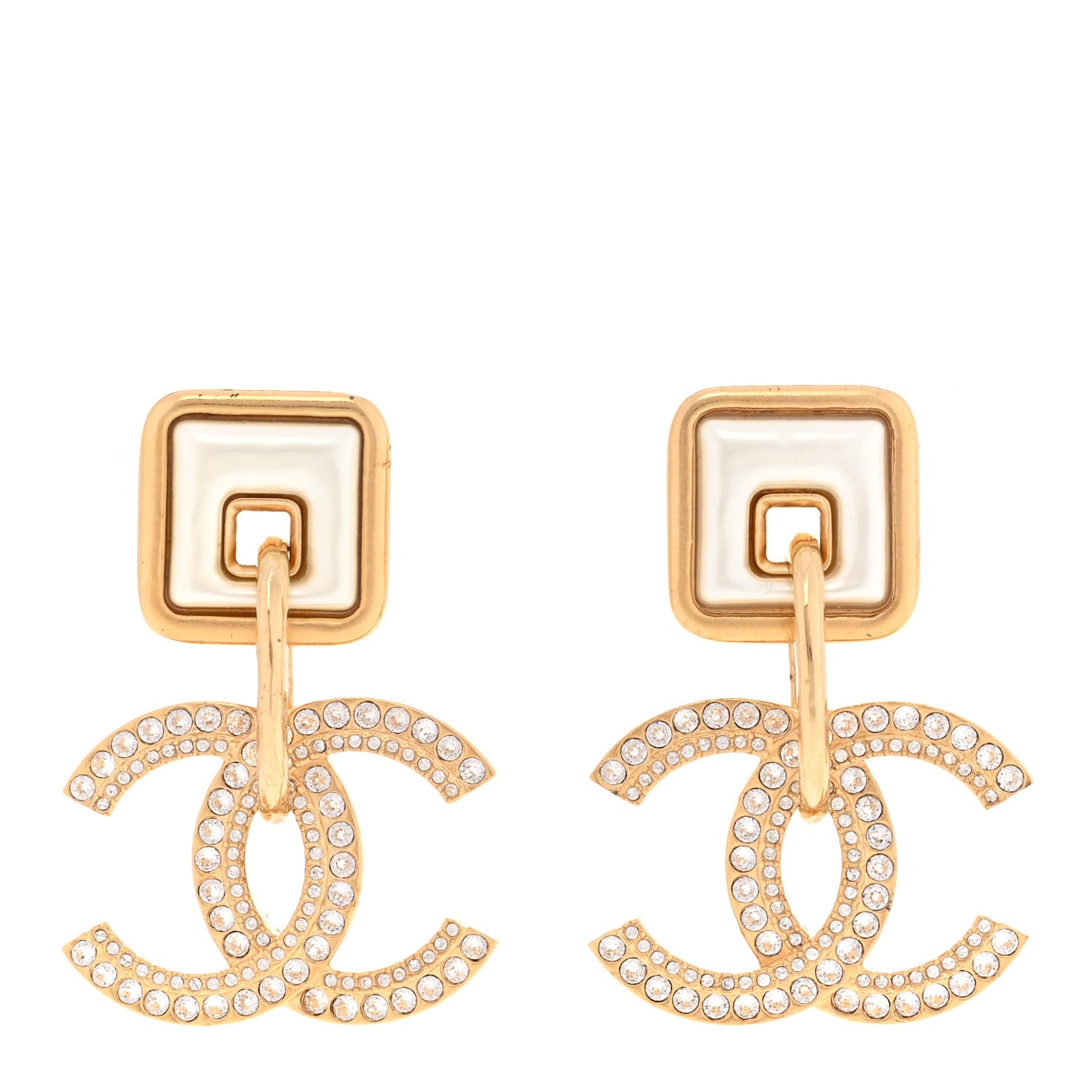 Crystal Pearl CC Square Drop Earrings Gold Pearly White