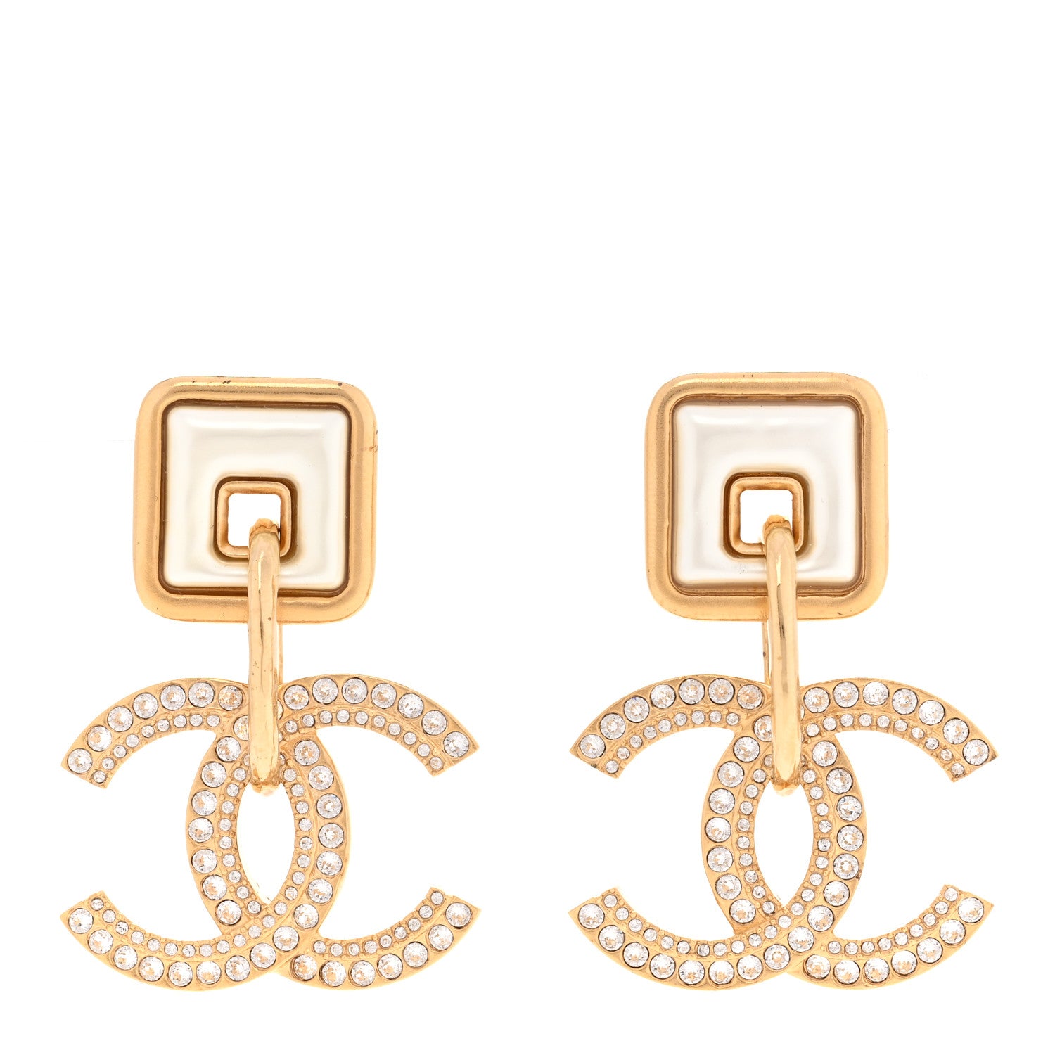 Chanel Crystal Pearl CC Square Drop Earrings Gold Pearly White 1 of 5