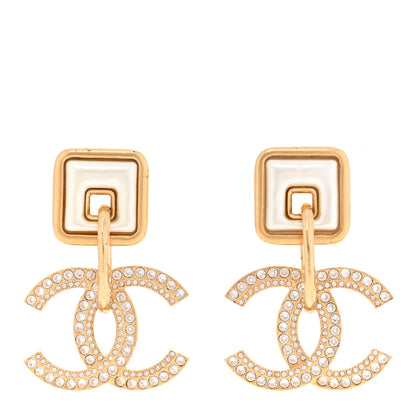 Chanel Crystal Pearl CC Square Drop Earrings Gold Pearly White 1 of 5