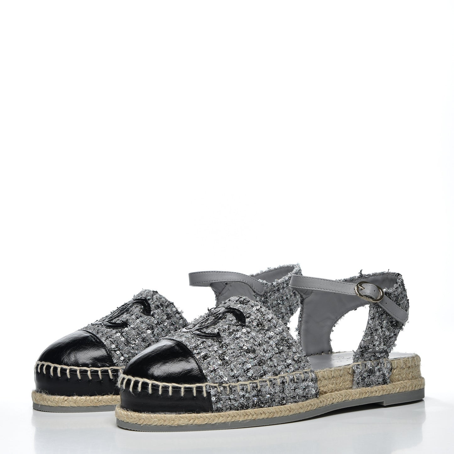 Sequin Tweed Glazed Calfskin Patent Cap Toe CC Espadrille Sandals 37 Black Grey