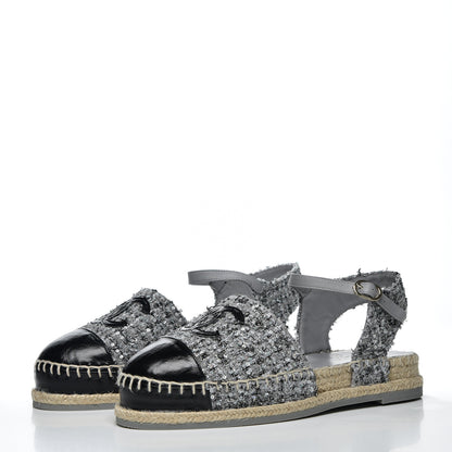 Chanel Sequin Tweed Glazed Calfskin Patent Cap Toe CC Espadrille Sandals 37 Black Grey 3 of 10