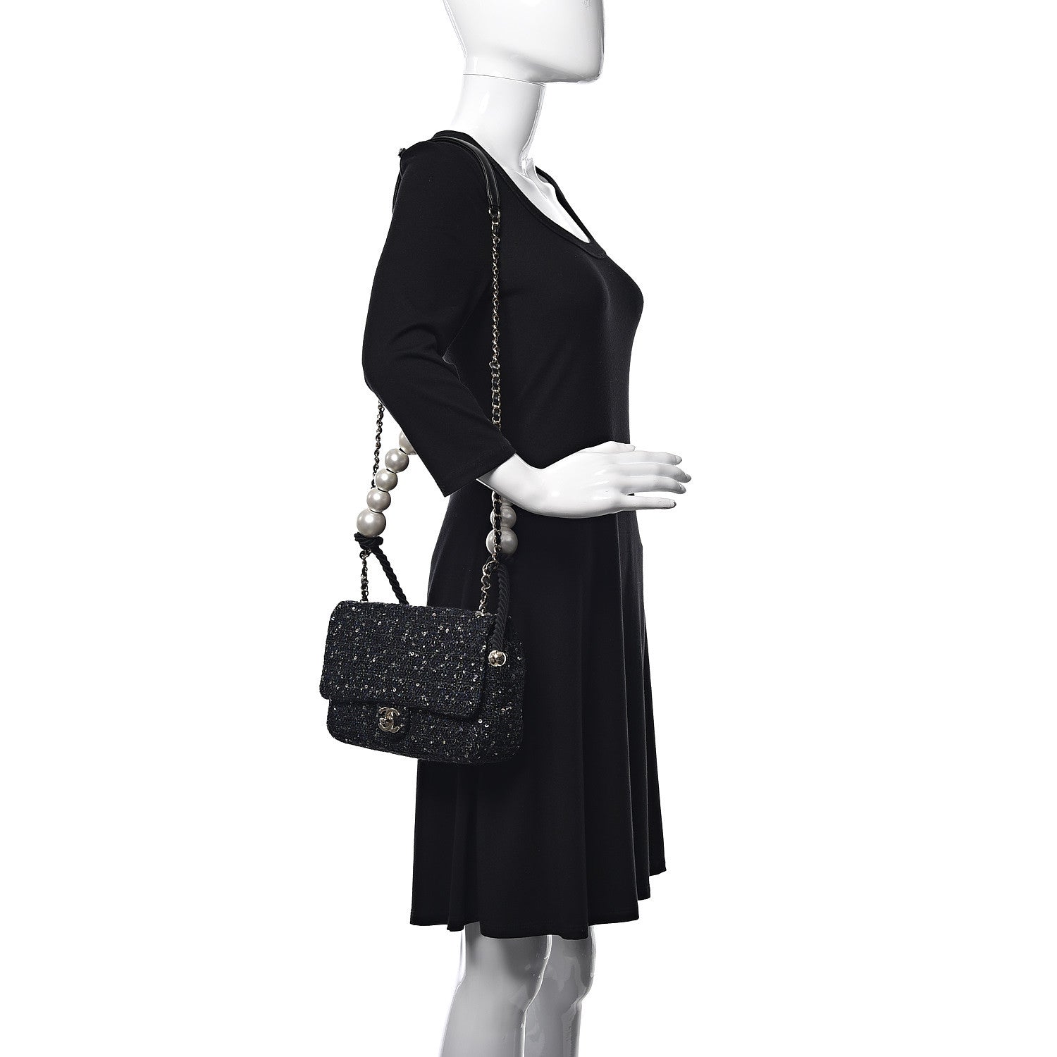 Chanel Tweed Medium Pearl Handle Flap Black Ecru 3 of 10