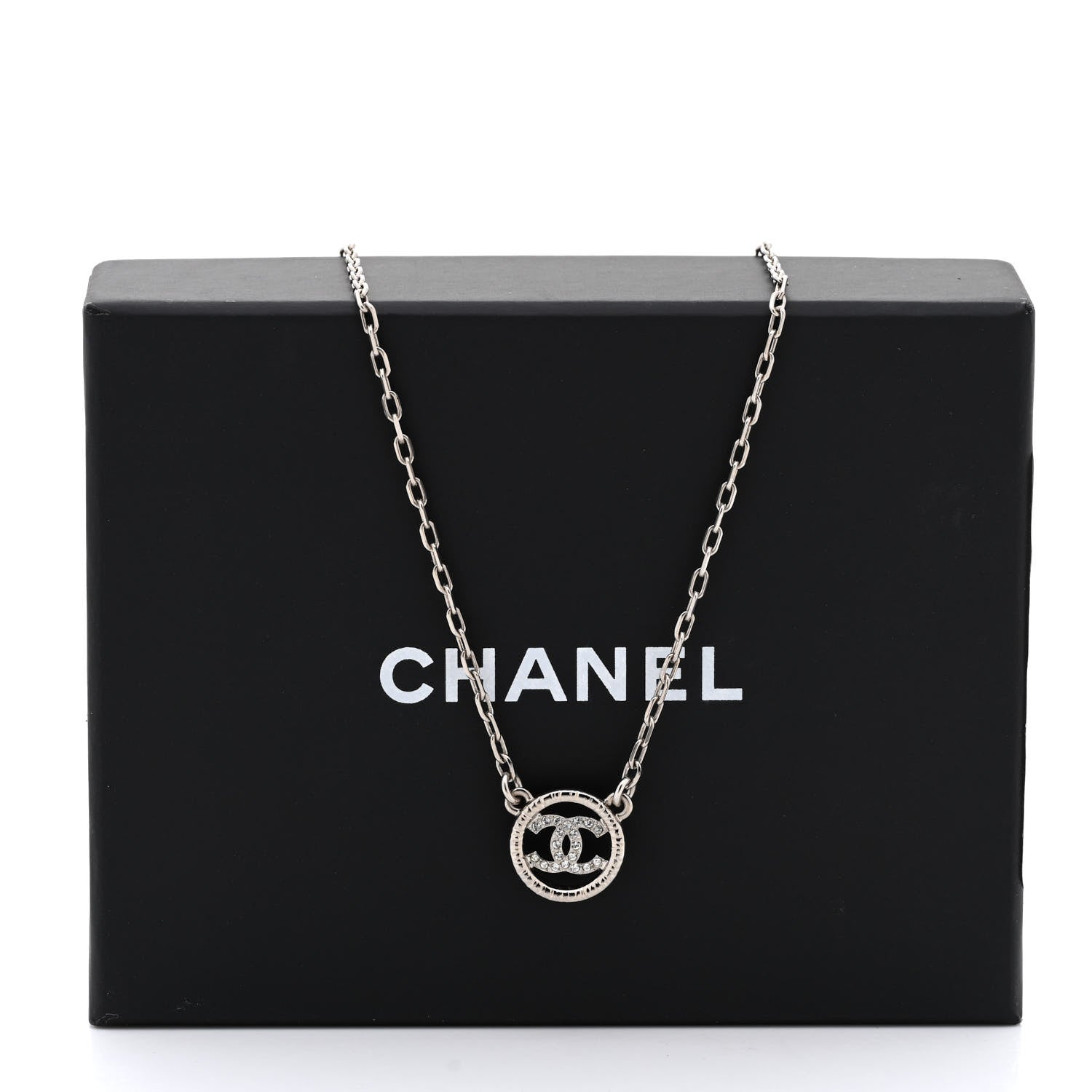 Chanel Metal Crystal CC Round Pendant Necklace Silver 3 of 5