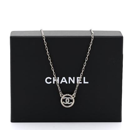 Chanel Metal Crystal CC Round Pendant Necklace Silver 3 of 5