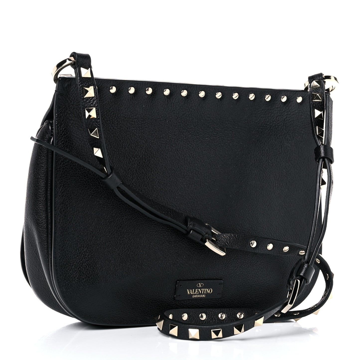 Pebbled Calfskin Rockstud Crossbody Saddle Bag Black