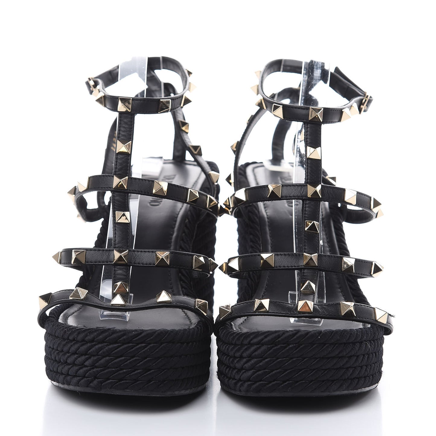 Calfskin Rockstud Ankle Strap Torchon Espadrille Caged 25/95mm Wedge Sandals 41 Black
