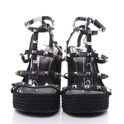 Valentino Garavani Calfskin Rockstud Ankle Strap Torchon Espadrille Caged 25/95mm Wedge Sandals 41 Black 2 of 10
