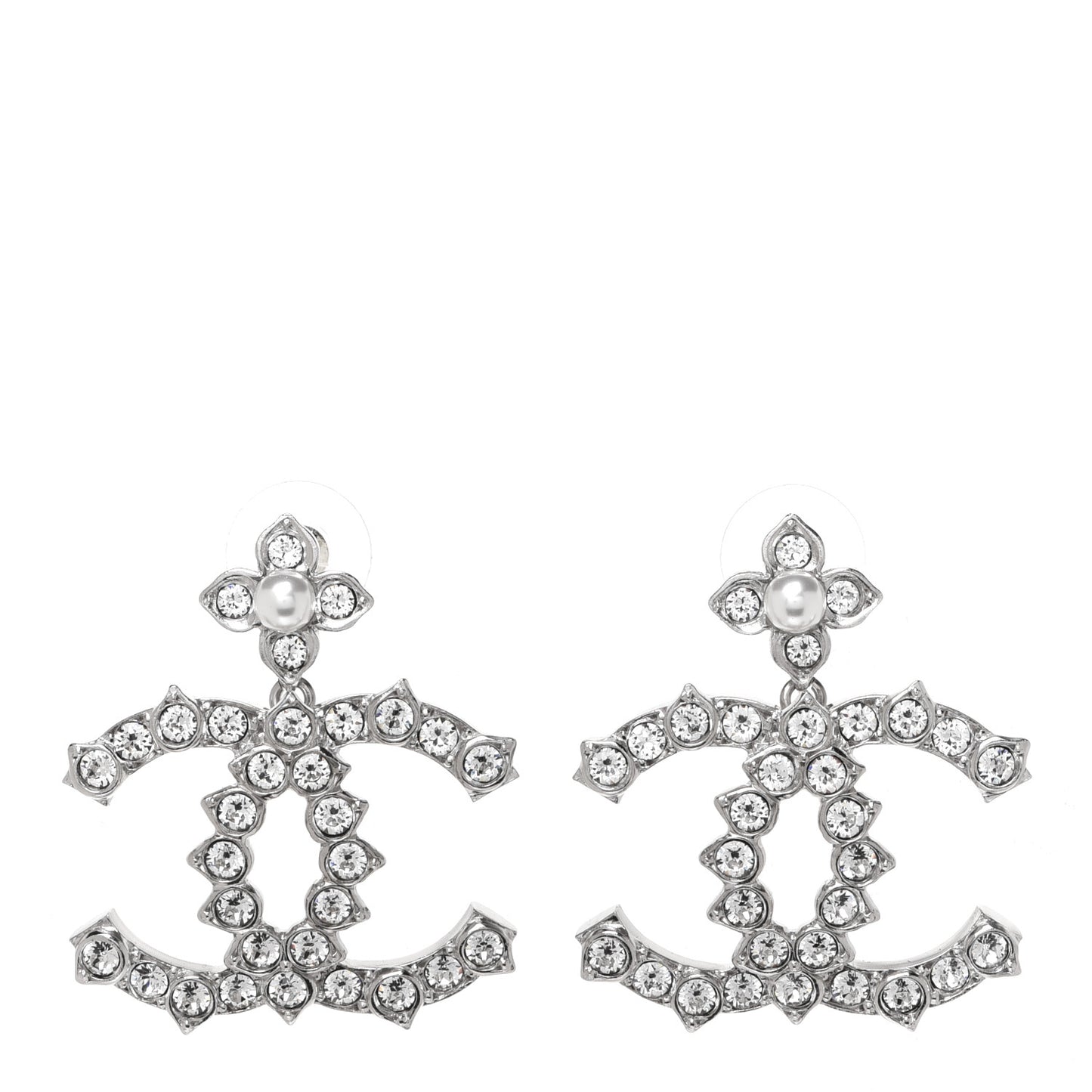 Metal Pearl Crystal CC Flower Drop Earrings Silver