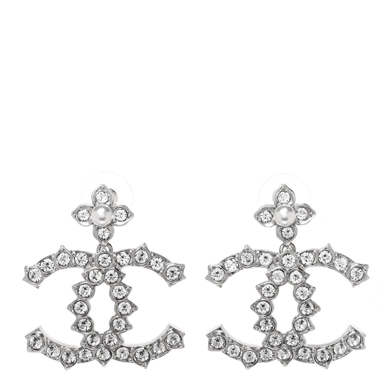 Chanel Metal Pearl Crystal CC Flower Drop Earrings Silver 1 of 5