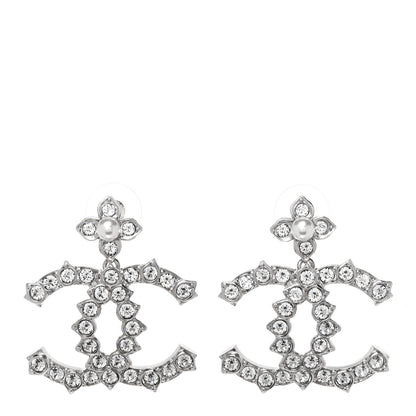 Chanel Metal Pearl Crystal CC Flower Drop Earrings Silver 1 of 5