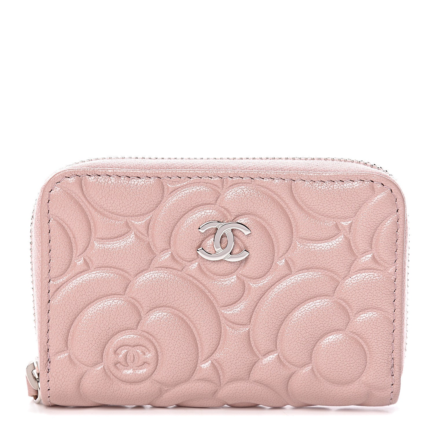 Chanel Goatskin Camellia Embossed Zip Coin Purse Light Pink 1 of 8