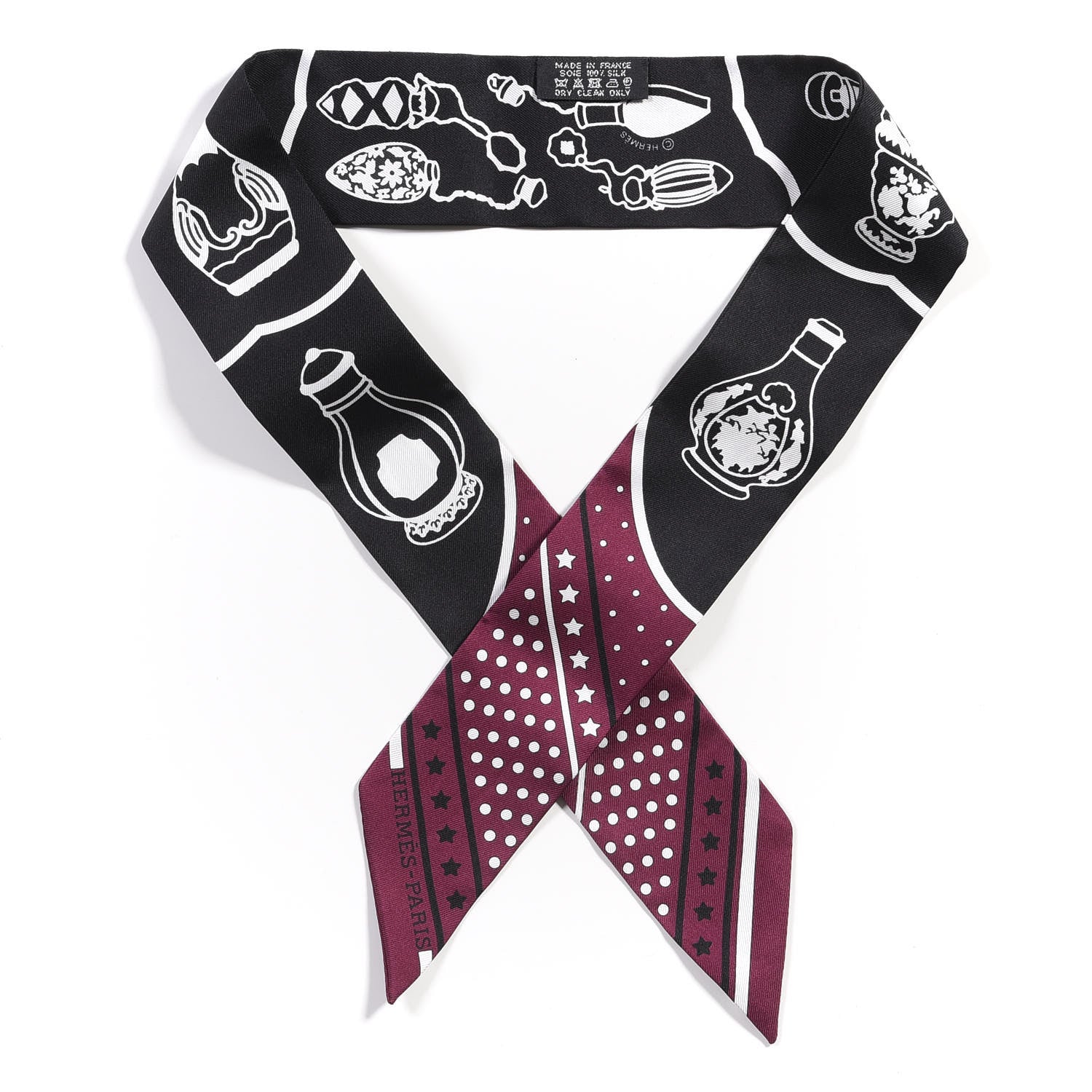 Hermes Silk Les Flacons Bandana Twilly Prune Black White 1 of 4
