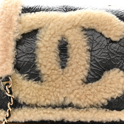 Chanel Shiny Crumpled Sheepskin Shearling CC Mania Flap Bag Black Beige 8 of 14